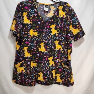 Disney Lion King Simba Womens Scrub Top Size XL Black / Yellow Print